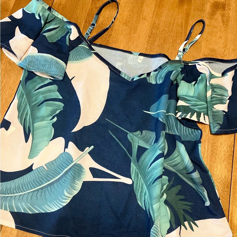 Off The Shoulder Tropical Ruffled Sleeve Blouse